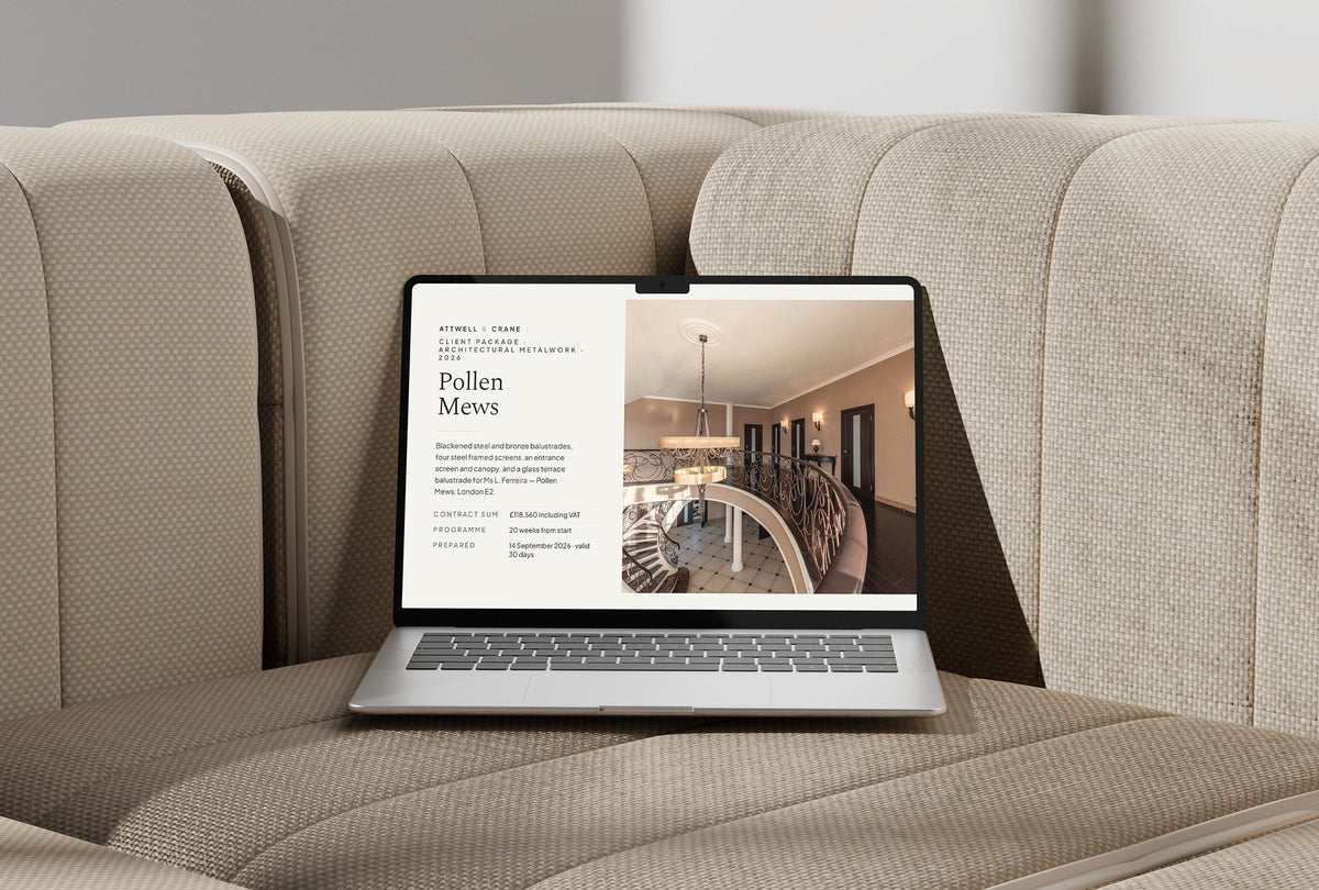 Metalwork Client Package, Oat colourway, laptop screen mockup