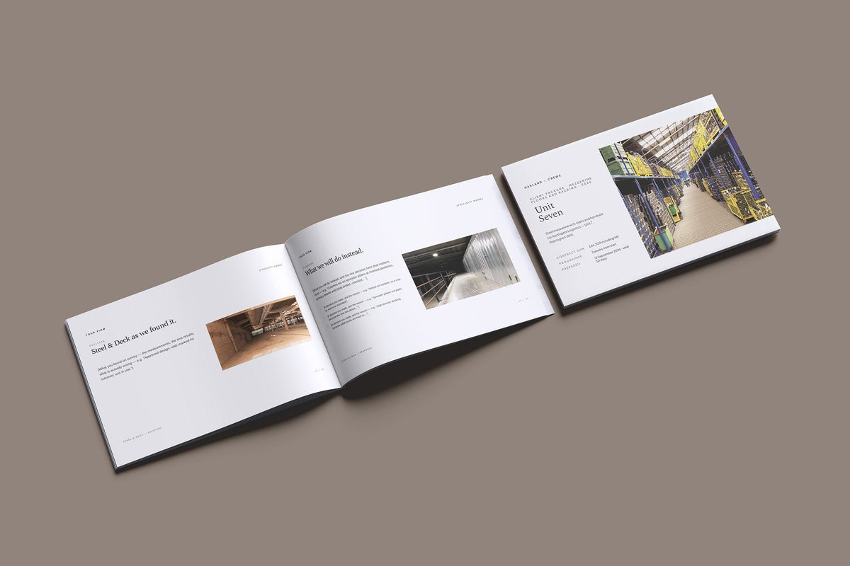 Mezzanine Floors Client Package, Ivory colourway, cover and inside spread mockup