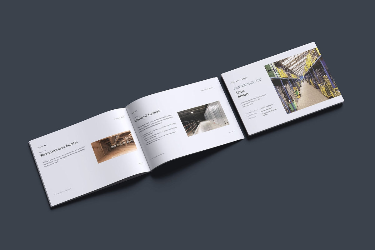 Mezzanine Floors Client Package, Slate colourway, cover and inside spread mockup