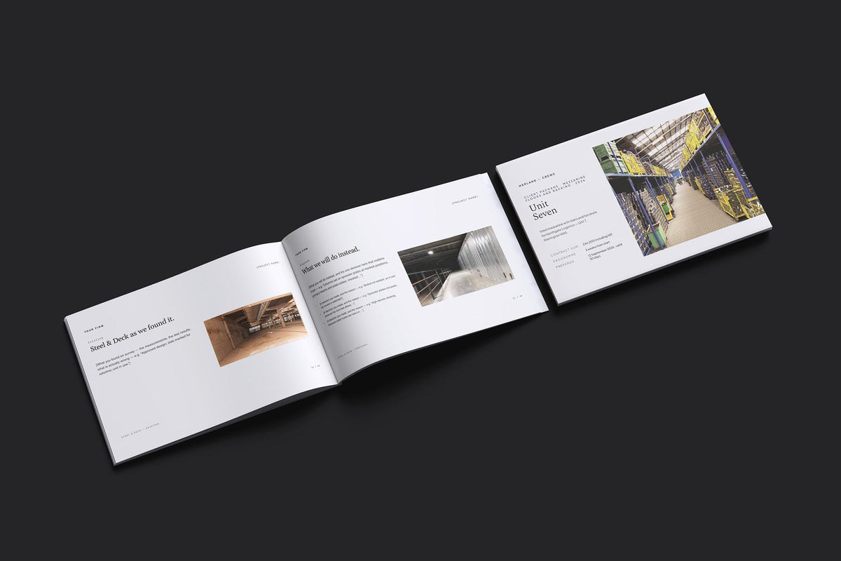 Mezzanine Floors Client Package, Standard colourway, cover and inside spread mockup