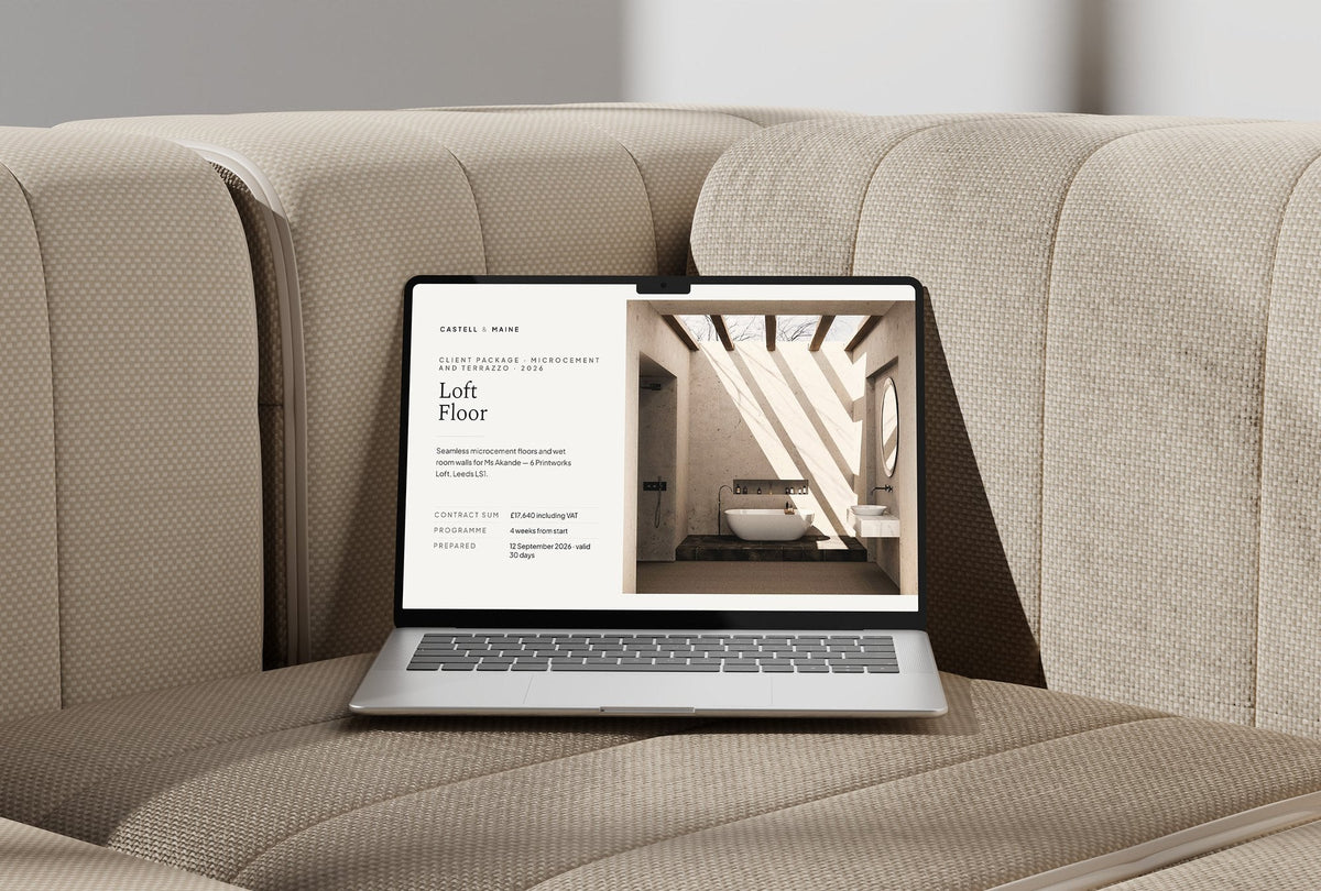 Microcement and Terrazzo Client Package, Standard colourway, laptop screen mockup