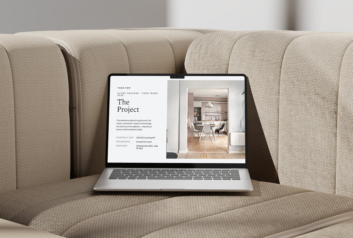 Multi-Trade Client Package, Slate colourway, laptop screen mockup