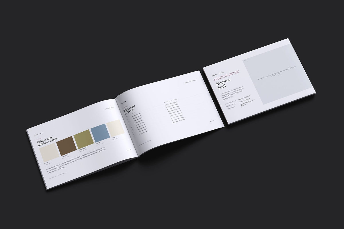 Muralist Client Package, Slate colourway, cover and inside spread mockup