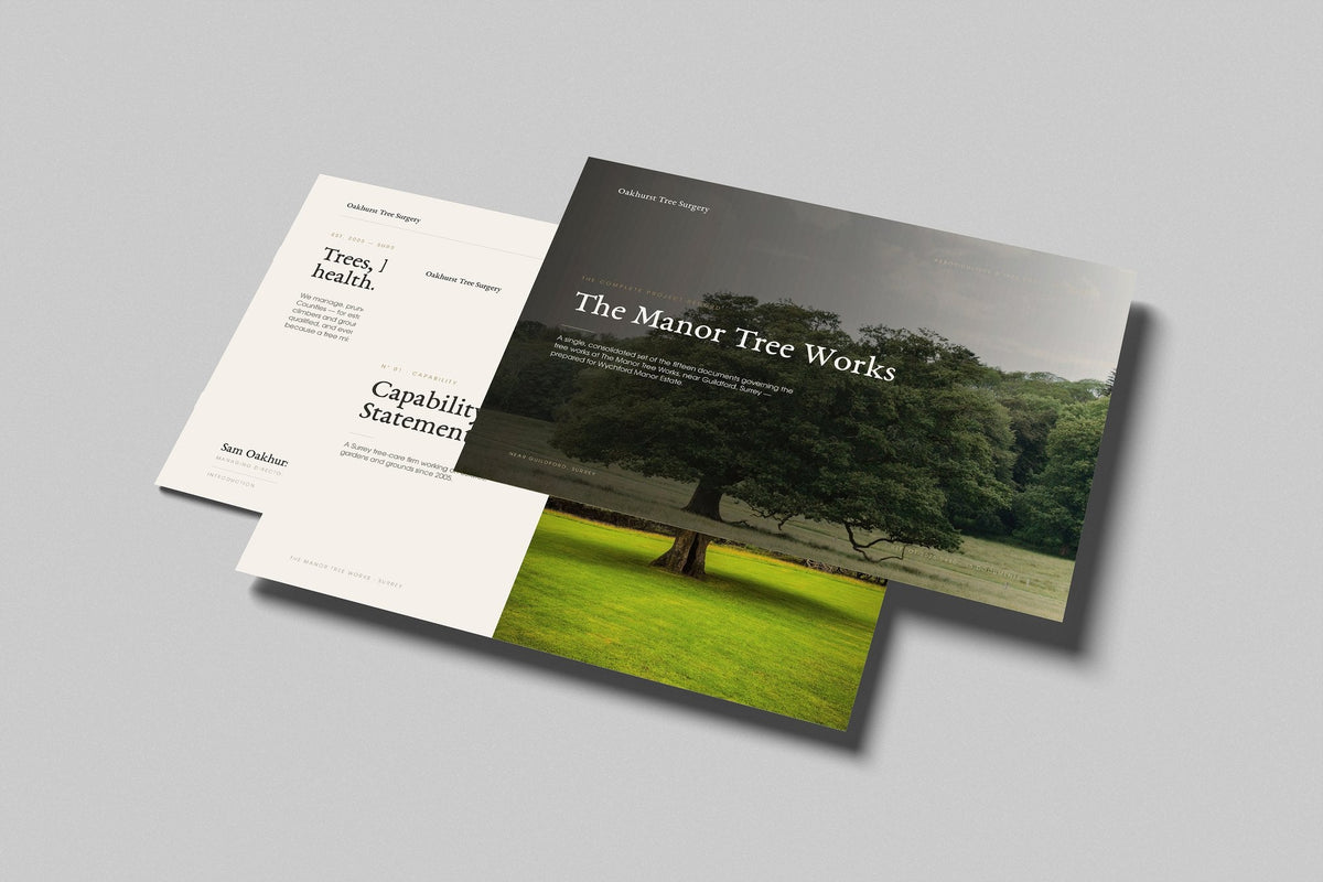 Tree Surgeon Project Pack in PowerPoint, printed pages floating