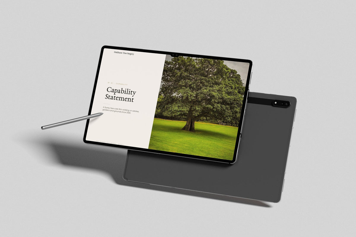 Tree Surgeon Project Pack in PowerPoint, inside pages shown on a tablet