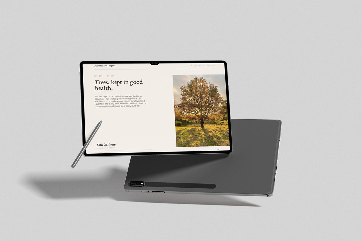 Tree Surgeon Project Pack in PowerPoint, inside pages shown on a tablet
