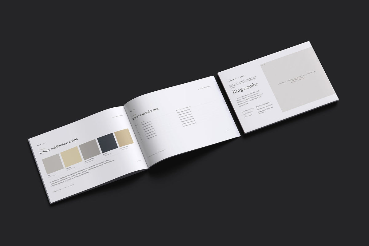 Orangery Client Package, Oat colourway, cover and inside spread mockup