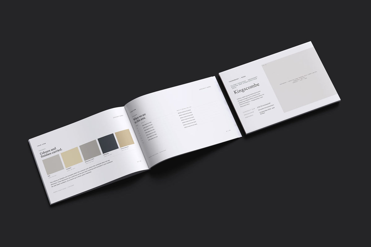 Orangery Client Package, Standard colourway, cover and inside spread mockup