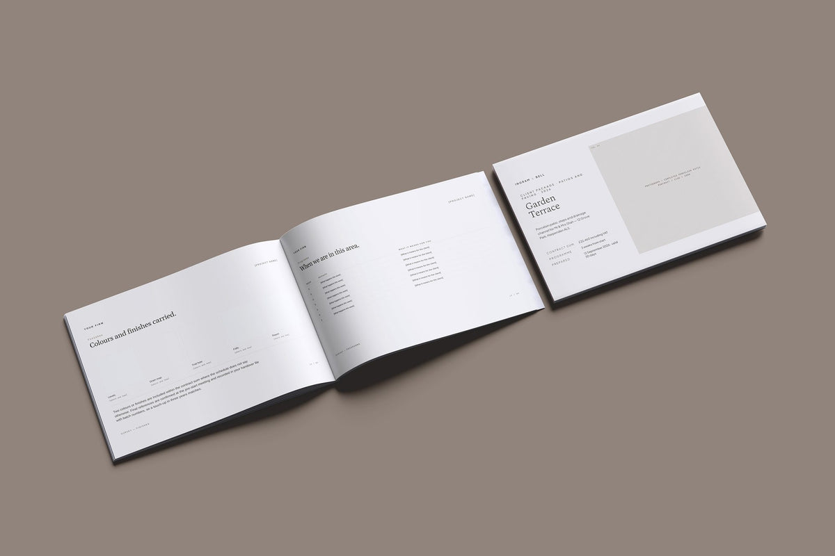 Patio and Paving Client Package, Oat colourway, cover and inside spread mockup