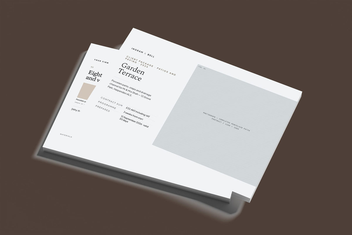 Patio and Paving Client Package, Slate colourway, stacked books mockup