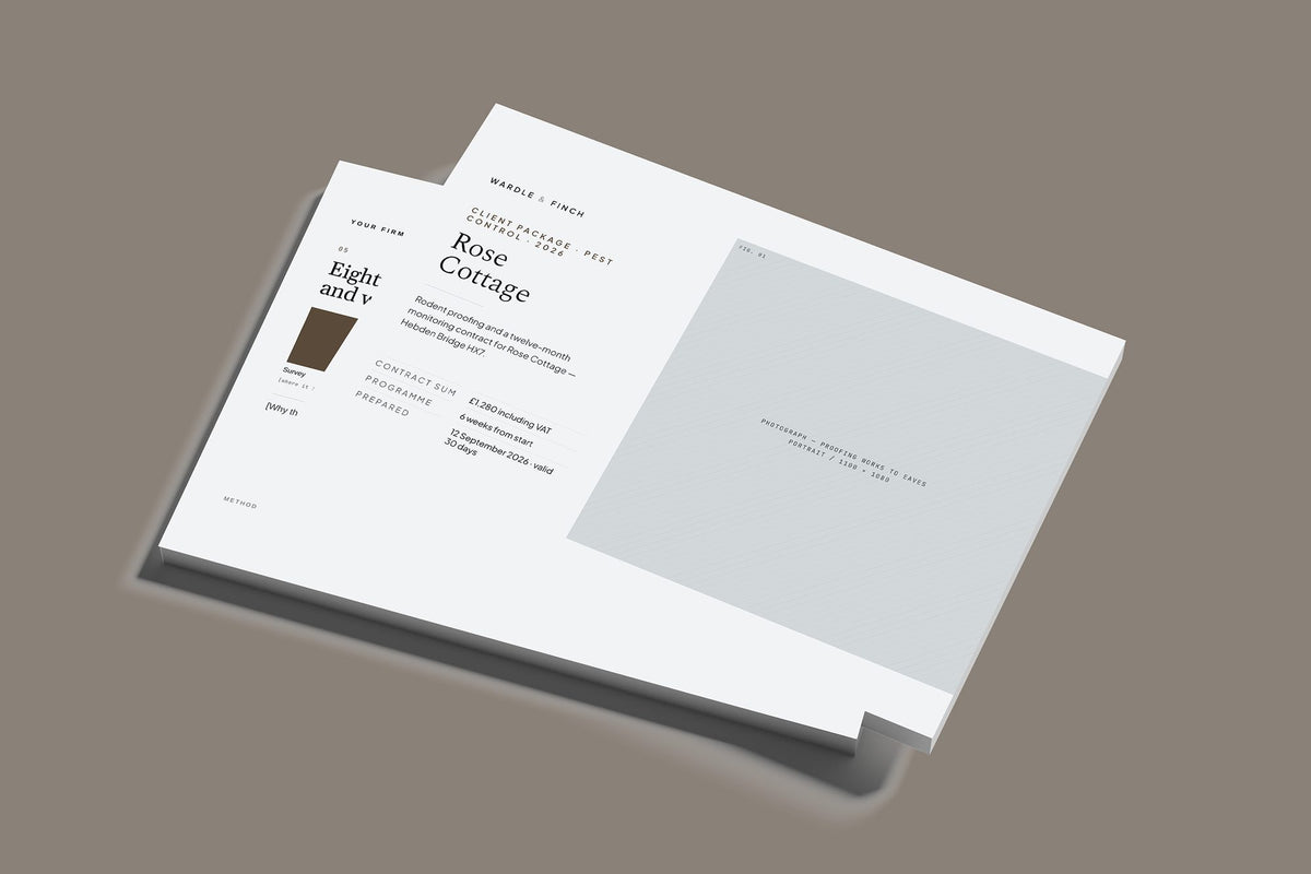 Pest Control Client Package, Slate colourway, stacked books mockup