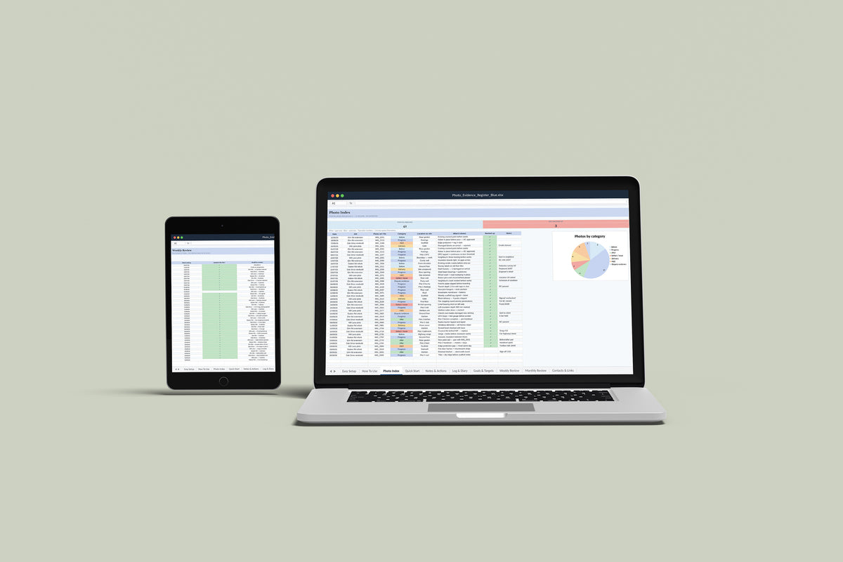 Photo Evidence Register Excel template on a MacBook and iPad