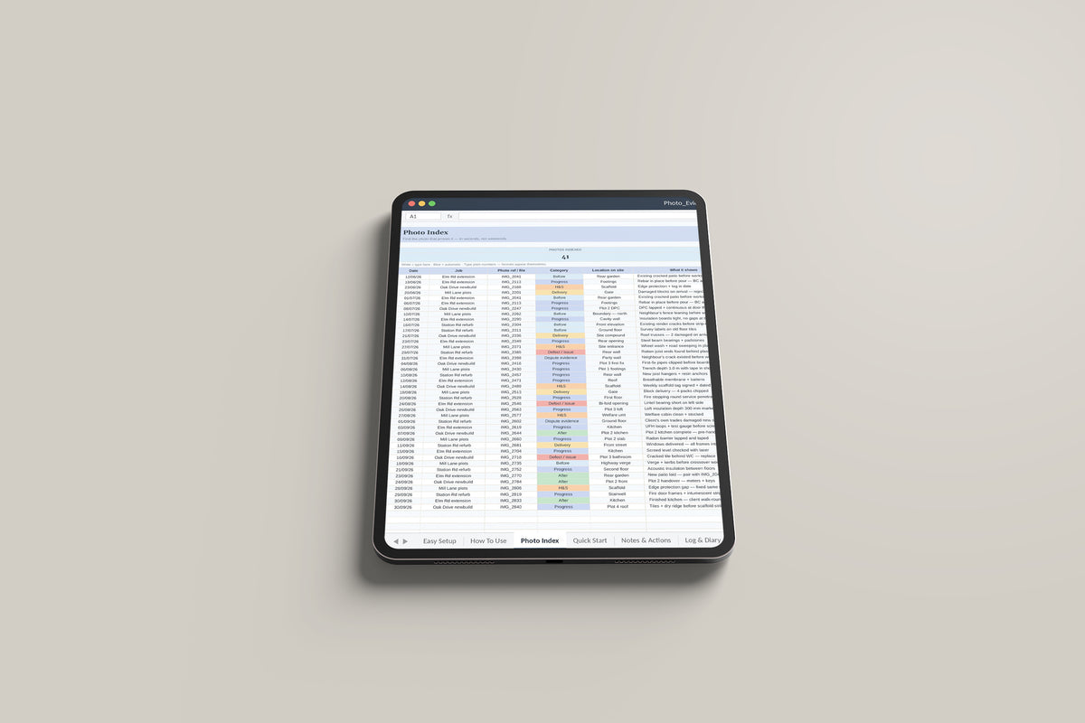 Photo Evidence Register Excel template on an iPad Pro