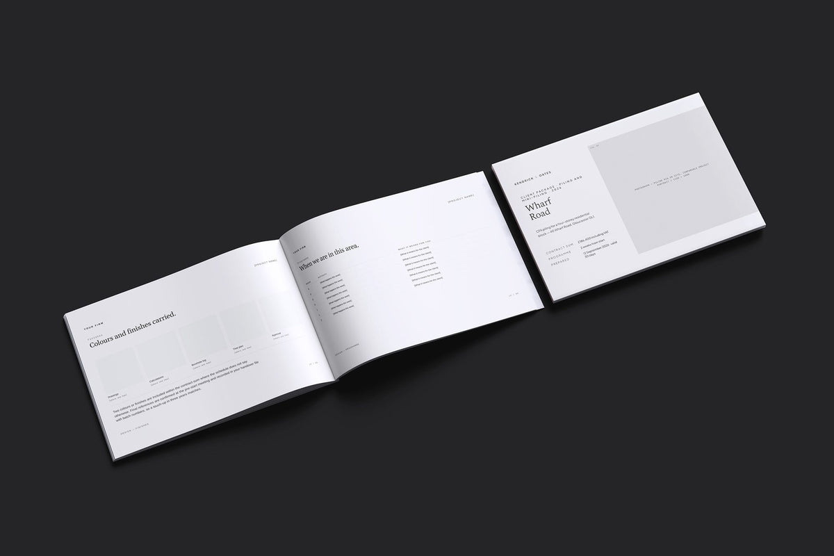 Piling Client Package, Ivory colourway, cover and inside spread mockup