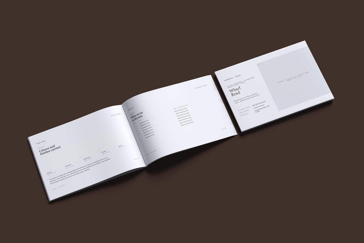 Piling Client Package, Slate colourway, cover and inside spread mockup