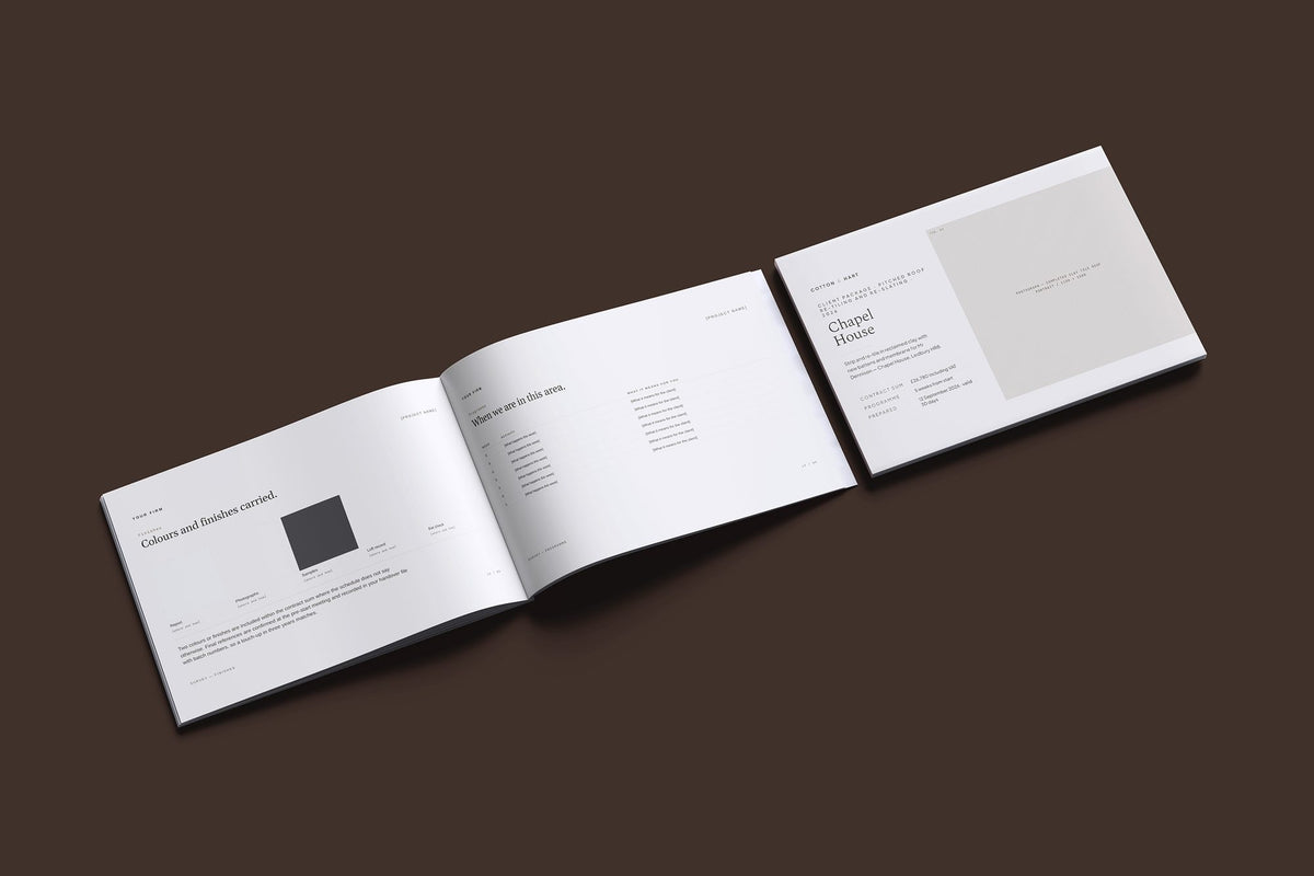 Pitched Roof Re-tiling Client Package, Oat colourway, cover and inside spread mockup