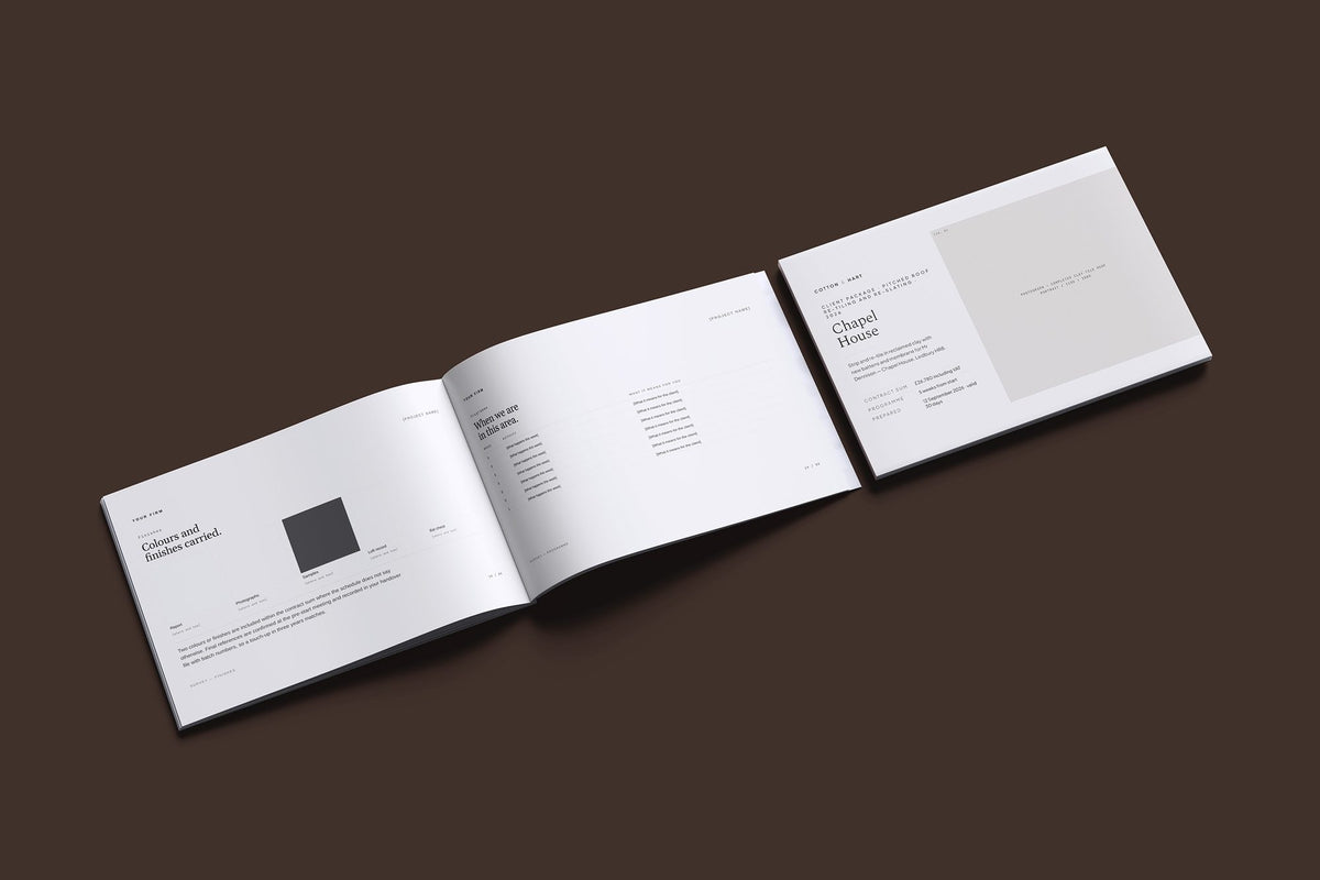 Pitched Roof Re-tiling Client Package, Standard colourway, cover and inside spread mockup