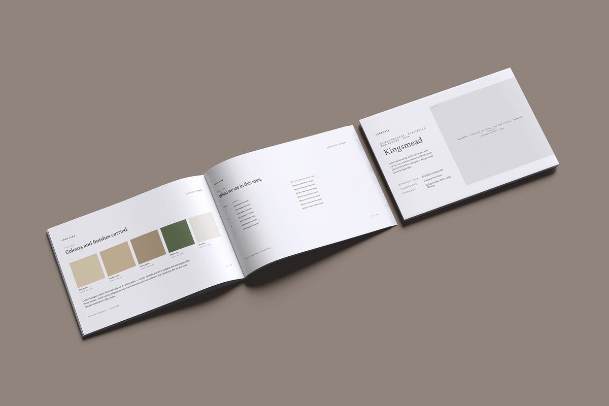 Plasterer Client Package, Ivory colourway, cover and inside spread mockup