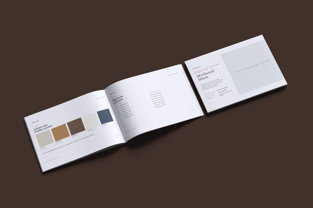 Plumber Client Package, Slate colourway, cover and inside spread mockup