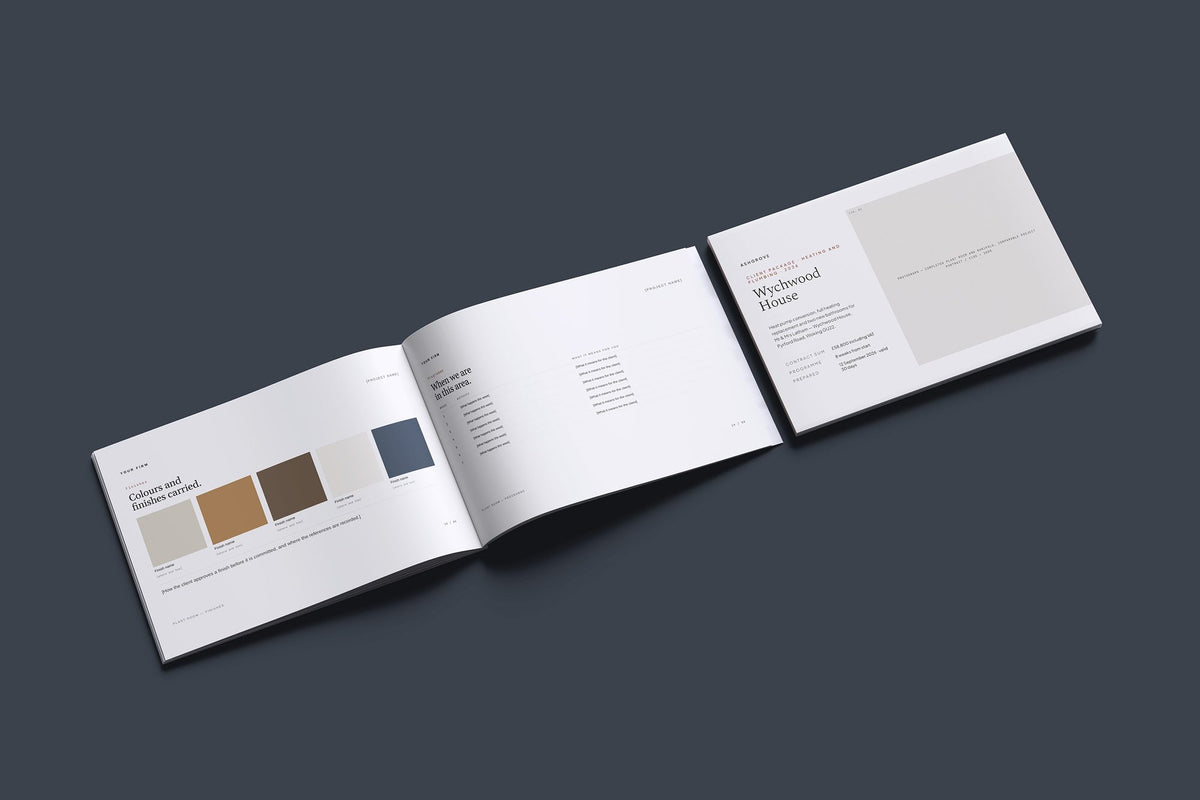 Plumber Client Package, Standard colourway, cover and inside spread mockup