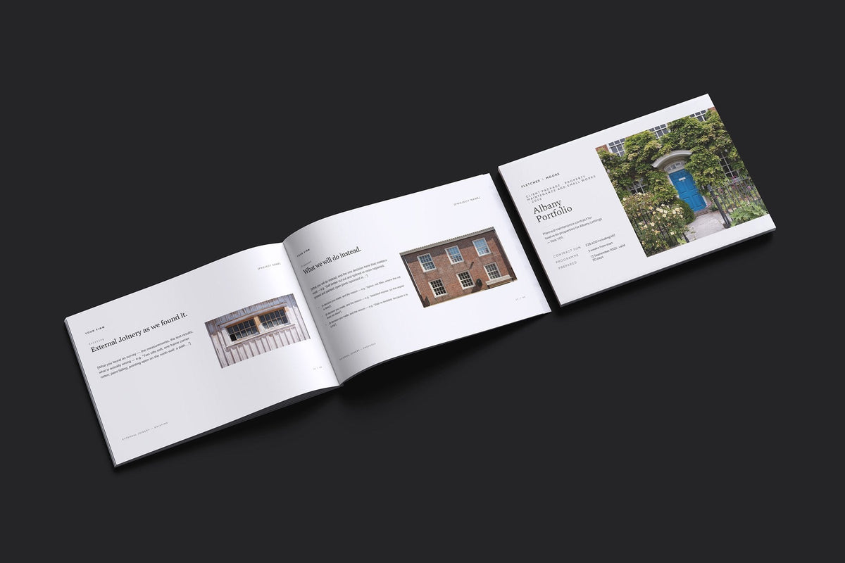 Property Maintenance Client Package, Ivory colourway, cover and inside spread mockup
