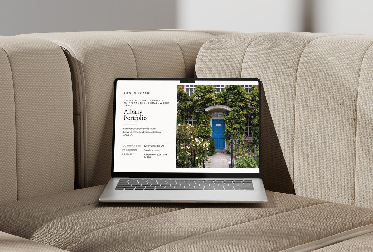 Property Maintenance Client Package, Ivory colourway, laptop screen mockup