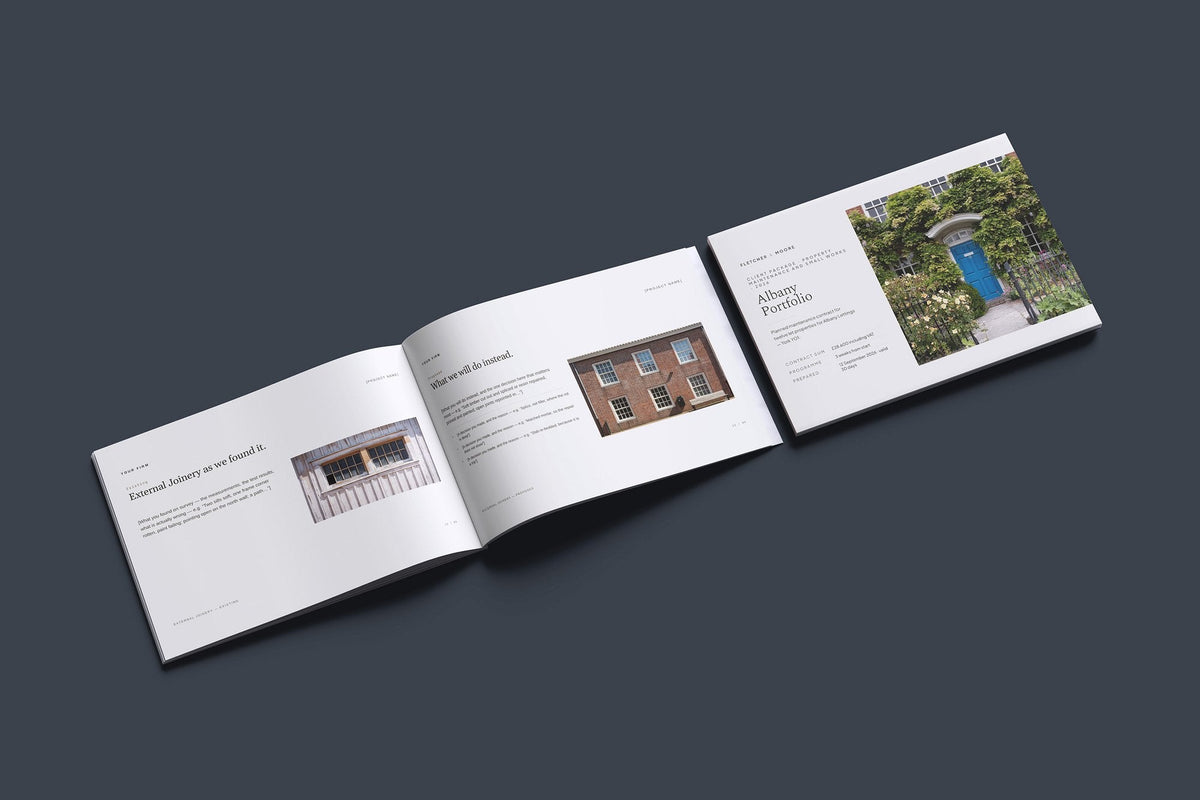 Property Maintenance Client Package, Oat colourway, cover and inside spread mockup