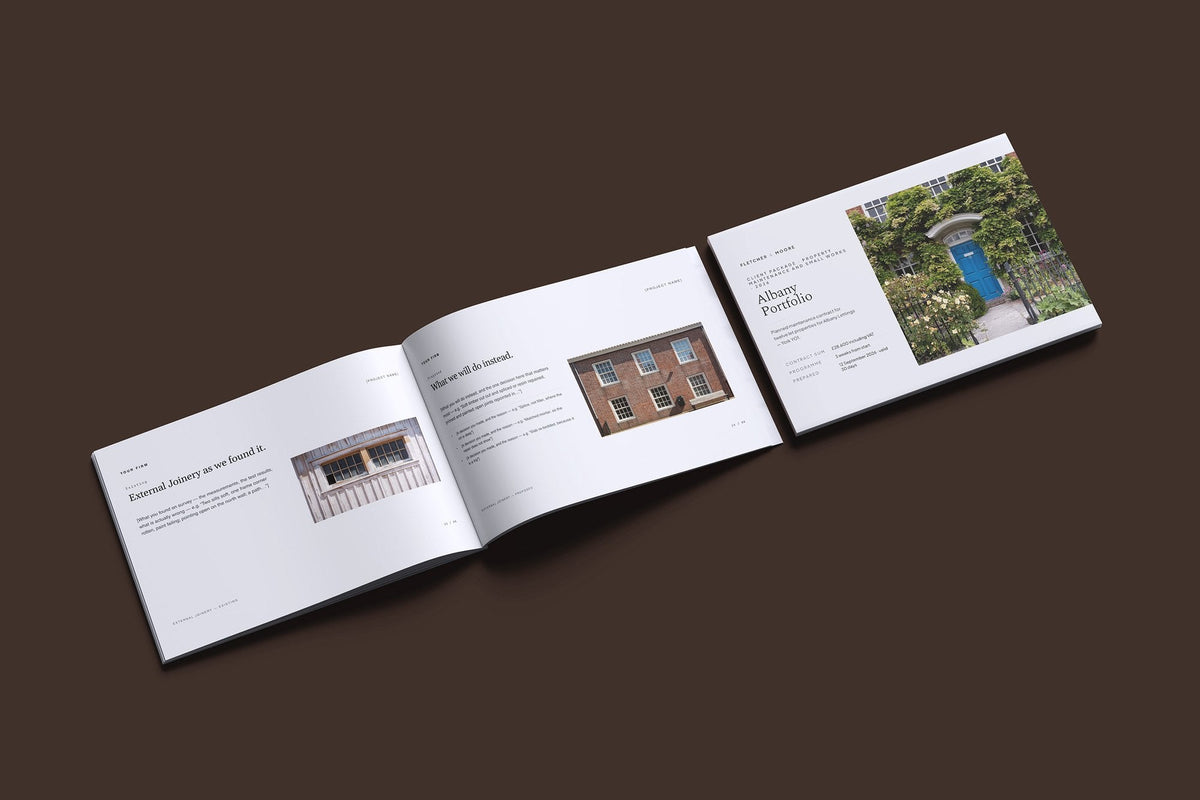 Property Maintenance Client Package, Slate colourway, cover and inside spread mockup