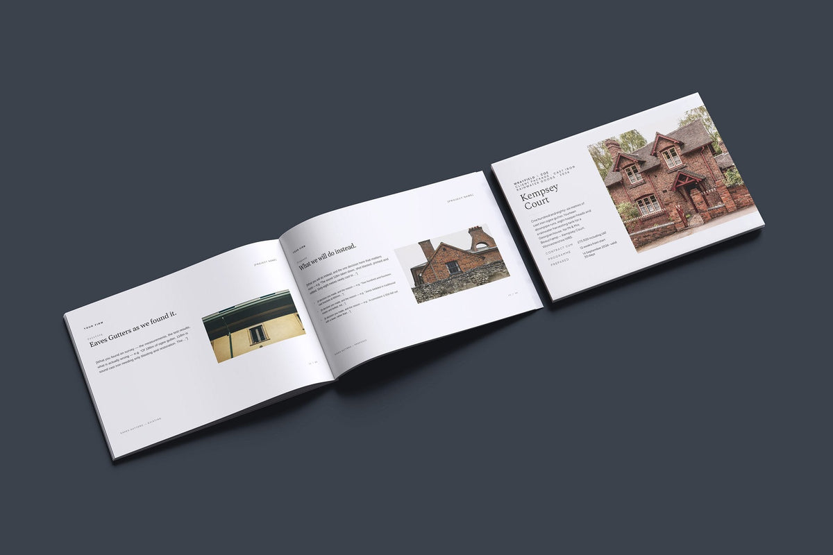 Rainwater Goods Client Package, Ivory colourway, cover and inside spread mockup