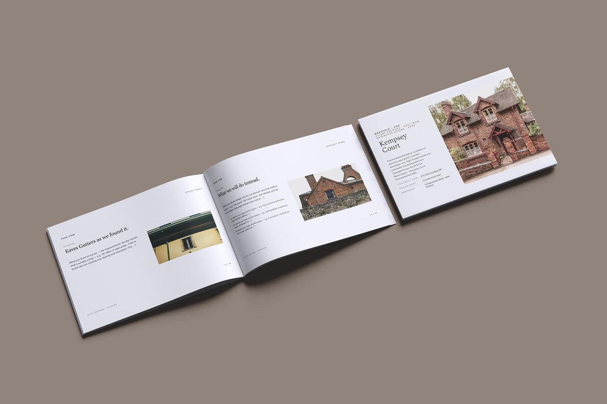 Rainwater Goods Client Package, Slate colourway, cover and inside spread mockup