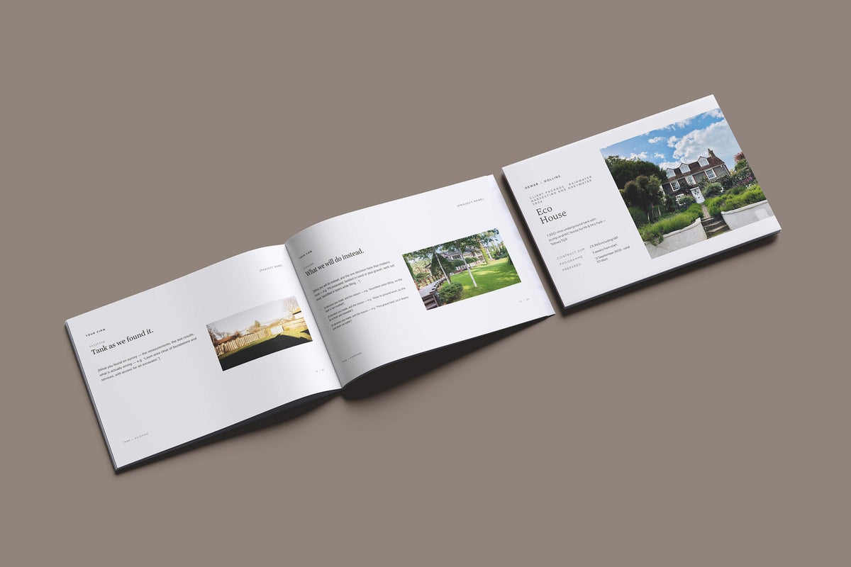 Rainwater Harvesting Client Package, Oat colourway, cover and inside spread mockup