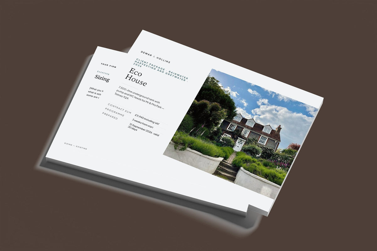 Rainwater Harvesting Client Package, Slate colourway, stacked books mockup