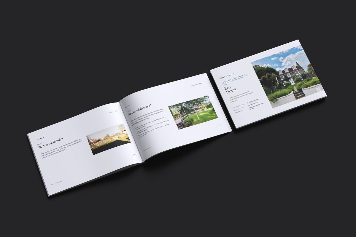 Rainwater Harvesting Client Package, Slate colourway, cover and inside spread mockup