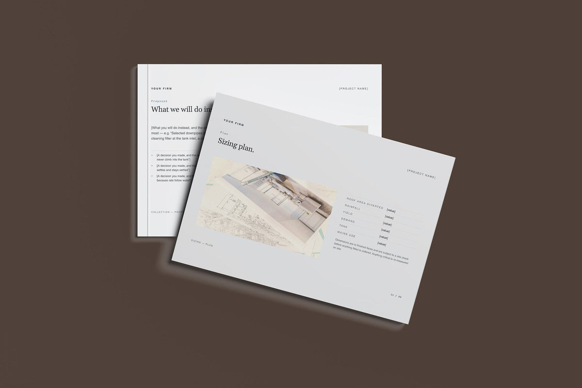 Rainwater Harvesting Client Package, Slate colourway, front and back cover mockup