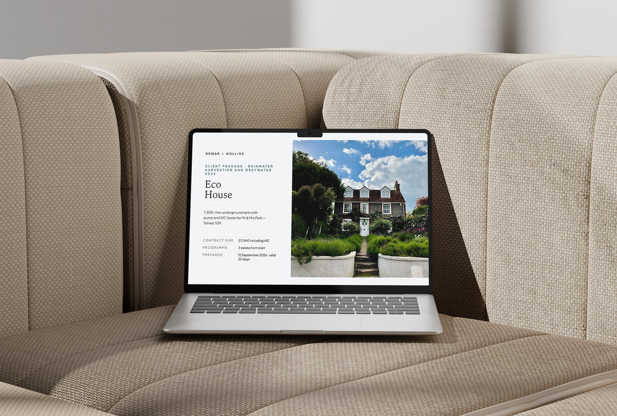 Rainwater Harvesting Client Package, Slate colourway, laptop screen mockup