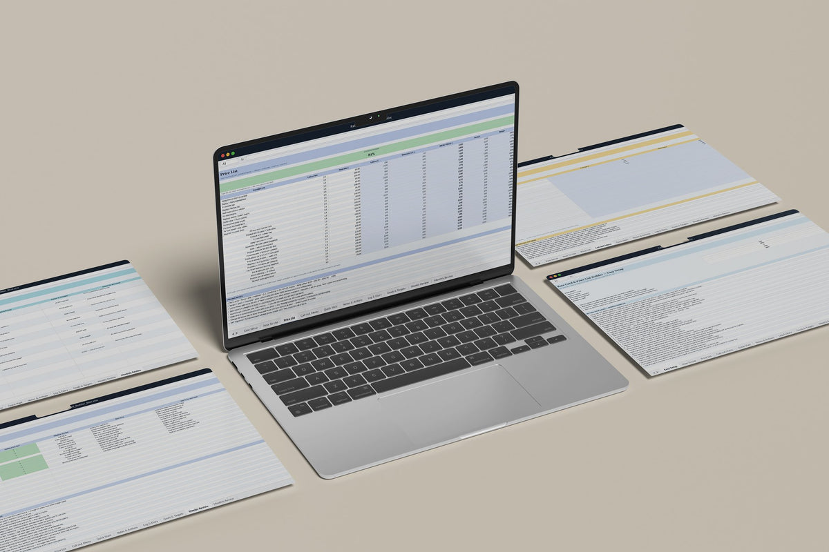 Rate Card Builder Excel template, Price List tab on a laptop screen