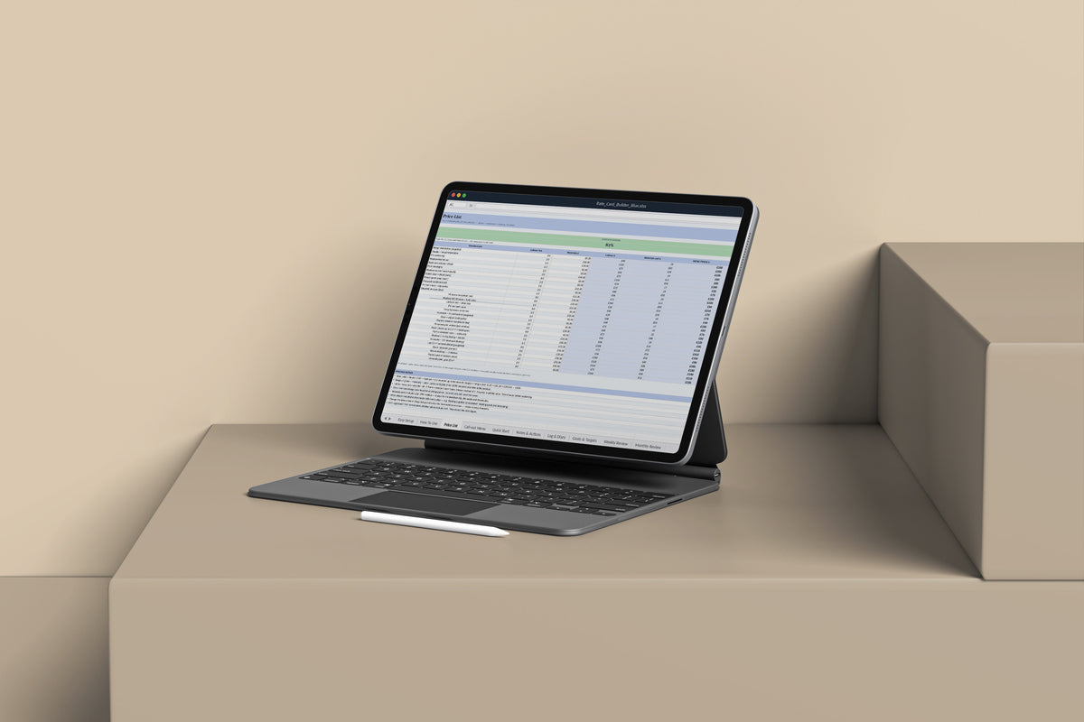 Rate Card Builder Excel template on an iPad with keyboard