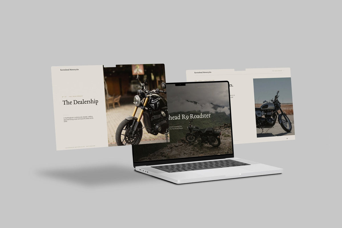 Motorcycle Dealer Customer Pack in PowerPoint, shown on laptop screens