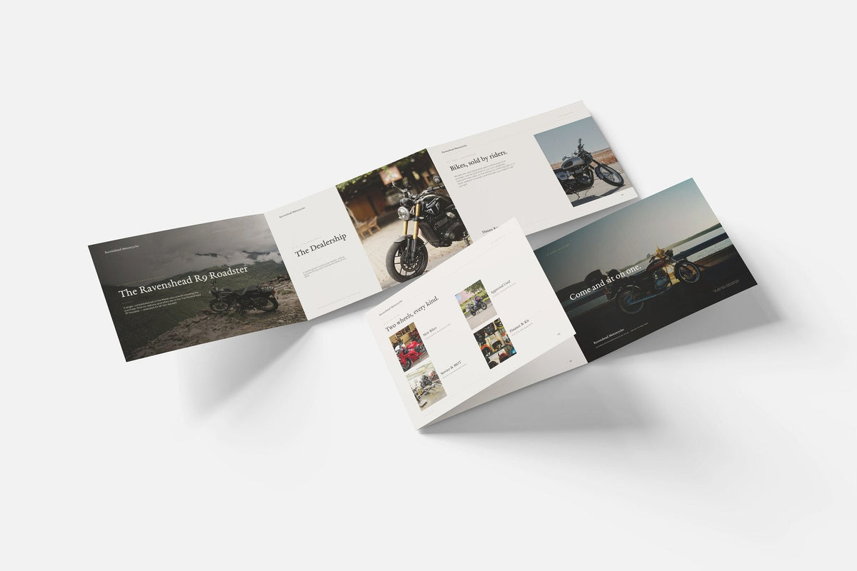 Motorcycle Dealer Customer Pack in PowerPoint, fold out pages laid together