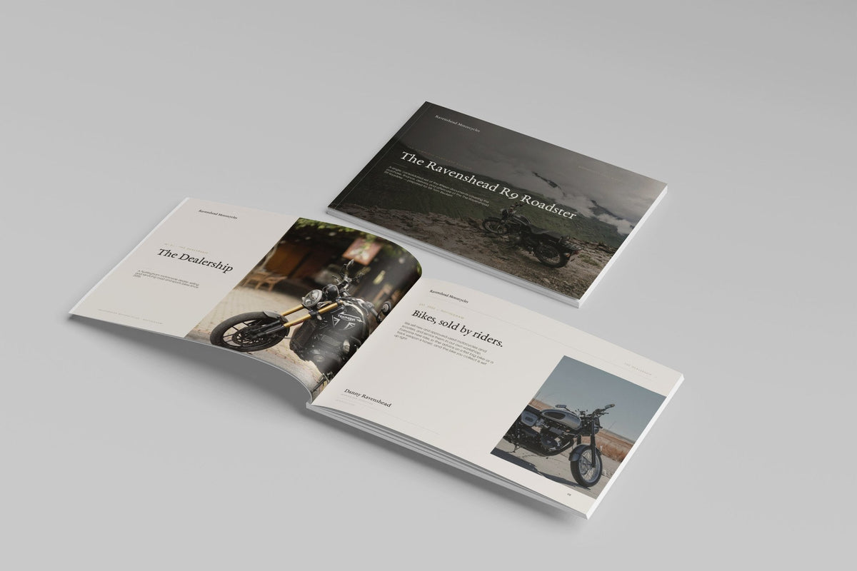 Motorcycle Dealer Customer Pack in PowerPoint, printed cover shown at an angle