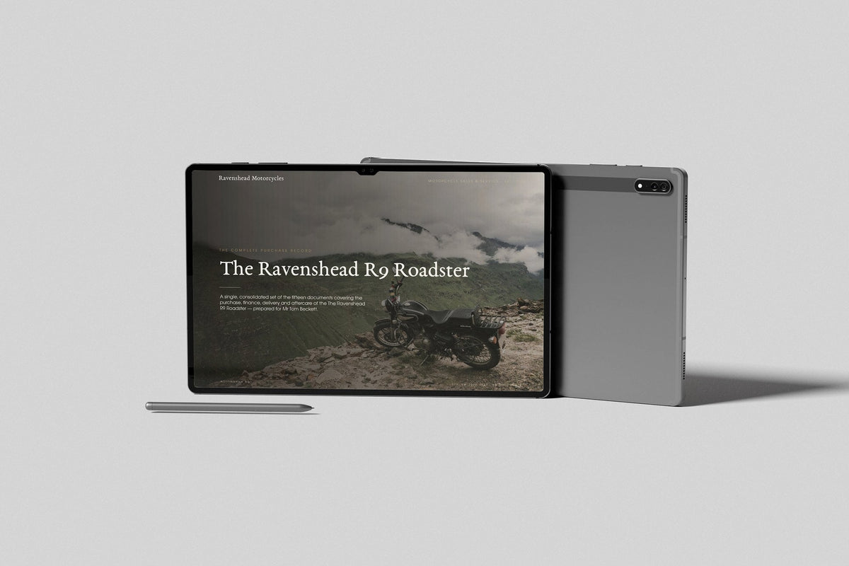 Motorcycle Dealer Customer Pack in PowerPoint, shown on a tablet