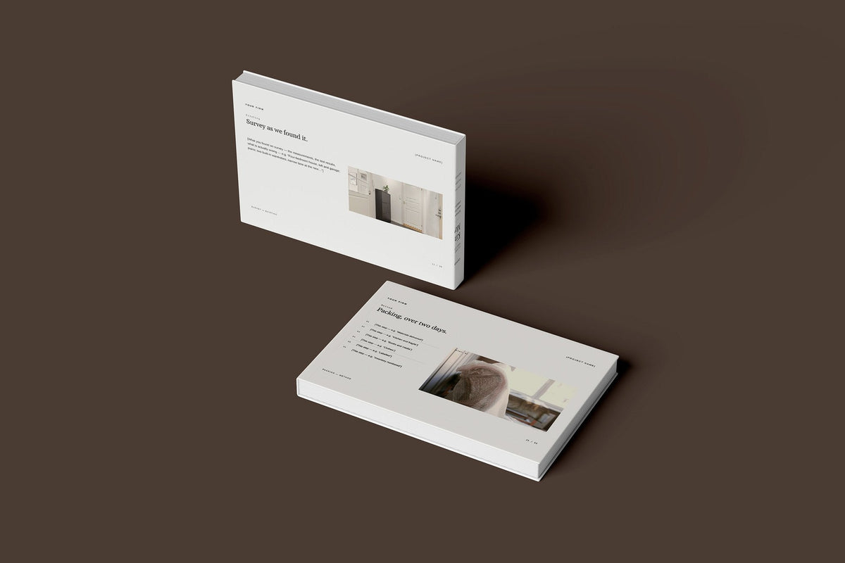 Removals and Storage Client Package, Ivory colourway, floating books mockup