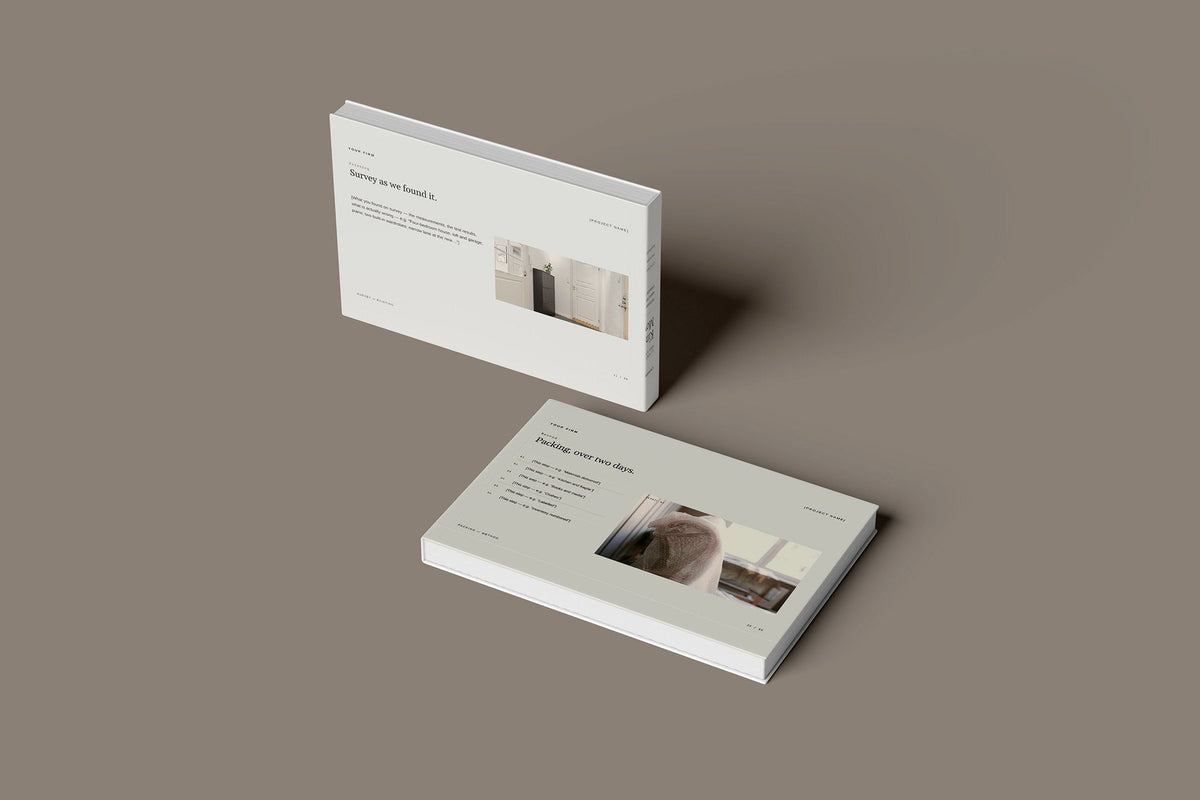 Removals and Storage Client Package, Oat colourway, floating books mockup