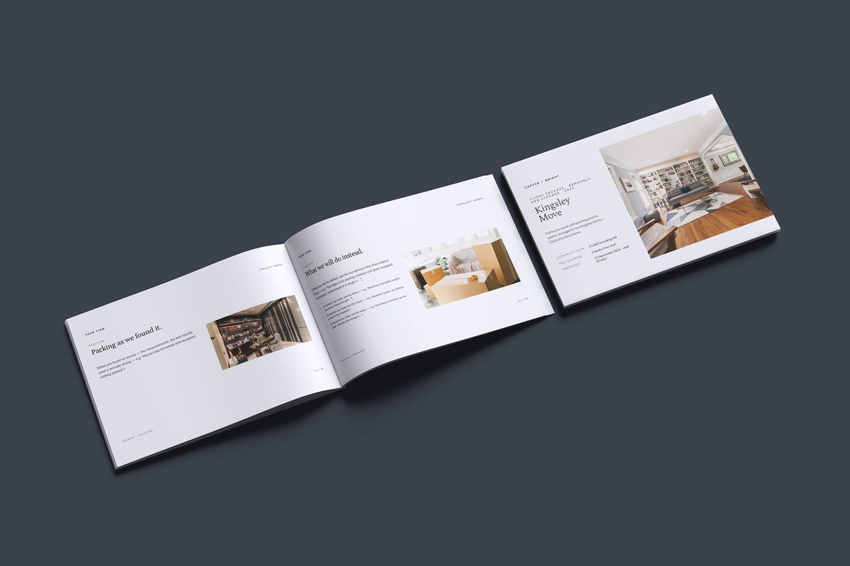 Removals and Storage Client Package, Slate colourway, cover and inside spread mockup