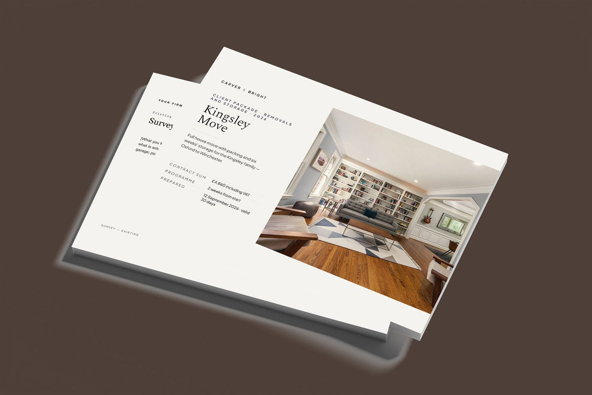 Removals and Storage Client Package, Standard colourway, stacked books mockup