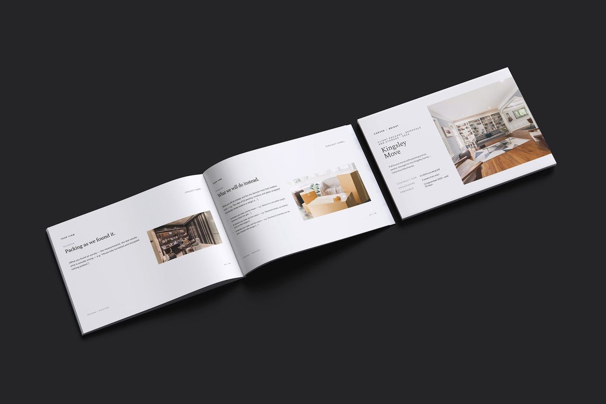 Removals and Storage Client Package, Standard colourway, cover and inside spread mockup
