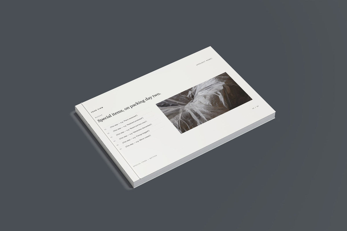 Removals and Storage Client Package, Standard colourway, closed magazine mockup