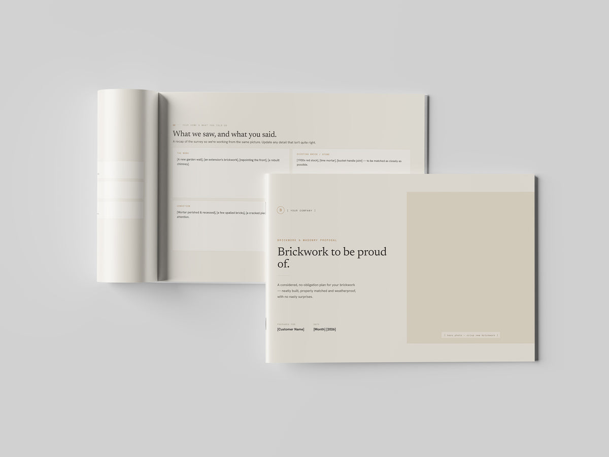 Beige Residential Brickwork Proposal Template in PowerPoint, printed and open at an inside page