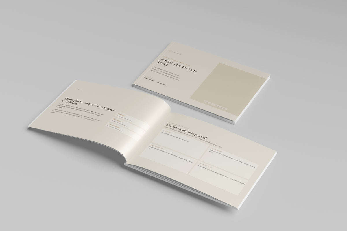 Beige Residential Cladding Proposal Template in PowerPoint, printed cover shown at an angle
