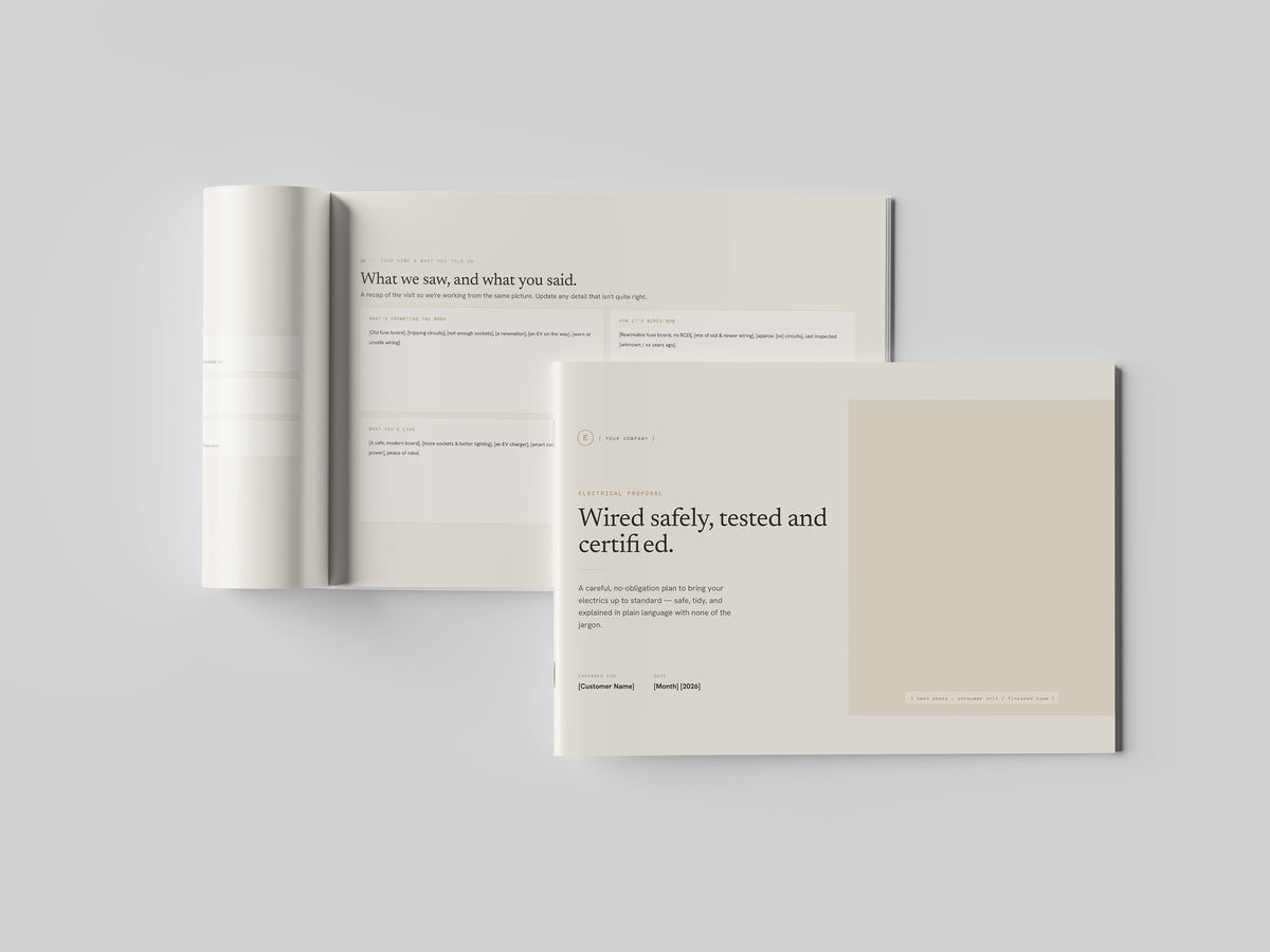 Beige Residential Electrician Proposal Template in PowerPoint, printed and open at an inside page
